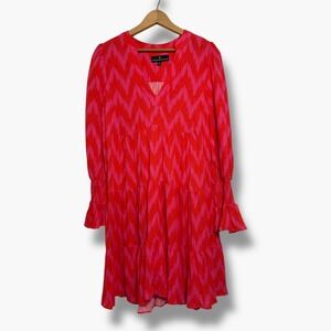 Pomander Place Pink Red Ikat‎ Tiered Dress Small Long Sleeve Smocked Cuffs
